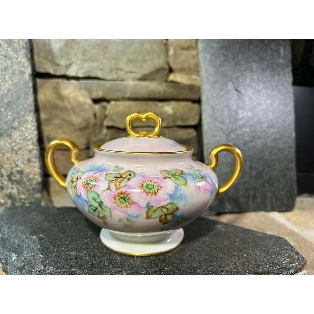 Limoges France Antique Sugar Bowl w/ Gold Gilt handles apple blossoms in pink.